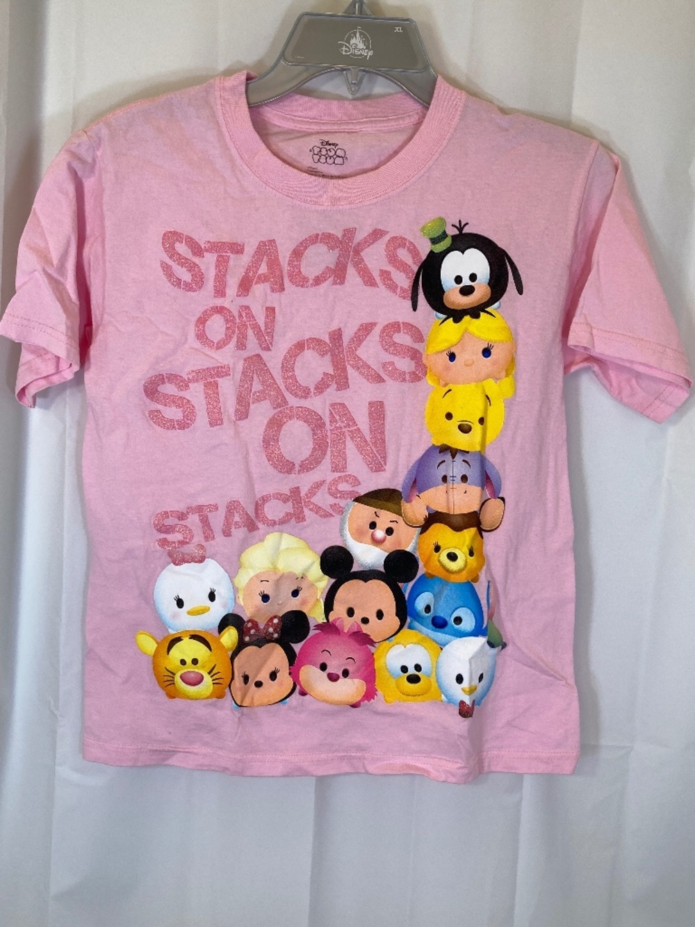 Disney Tsum Tsum Pink YOUTH Shirt Sz L 10/12 Small Marks Glitter Accent